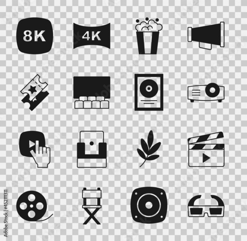 Set 3D cinema glasses, Movie clapper, Movie, film, media projector, Popcorn cardboard box, Cinema auditorium with screen, ticket, 8k Ultra HD and CD disk award frame icon. Vector
