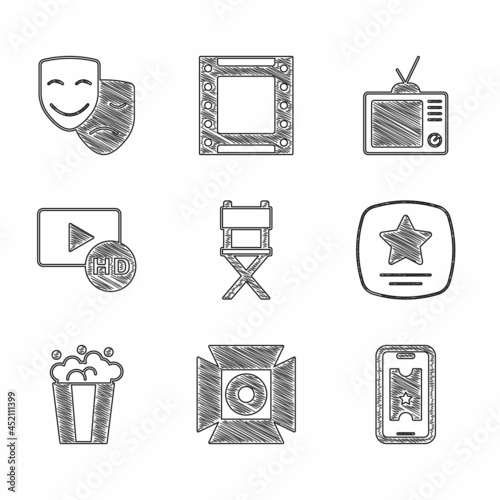 Set Director movie chair, Movie spotlight, Buy cinema ticket online, Walk of fame star, Popcorn cardboard box, Hd movie, tape, frame, Retro tv and Comedy and tragedy masks icon. Vector