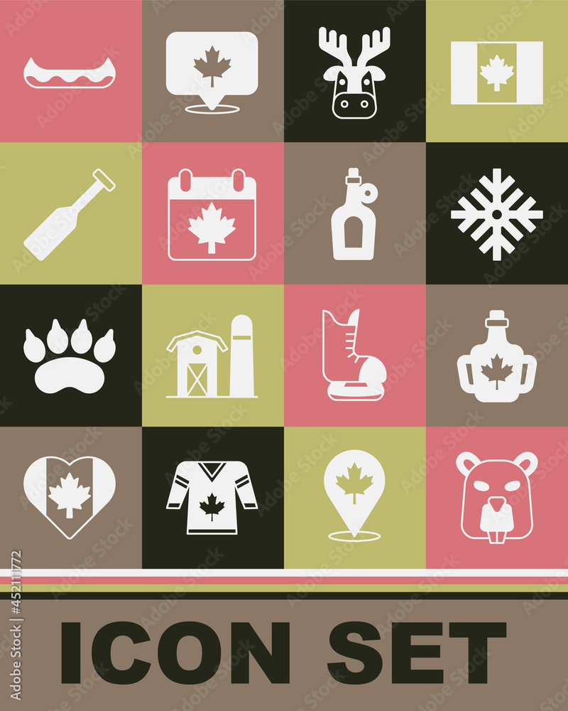 Set Beaver animal, Bottle of maple syrup, Snowflake, Deer head with antlers, Canada day leaf, Paddle, Kayak and icon. Vector Set Beaver animal, Bottle of maple syrup, Snowflake, Deer head with antlers, Canada day leaf, Paddle, Kayak and icon. Vector