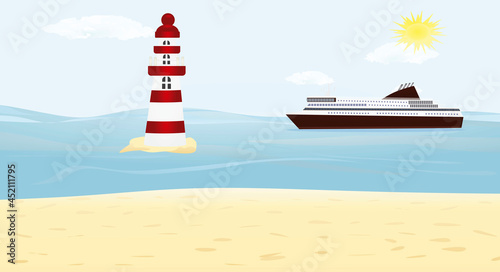 Boat float behind lighthouse. vector