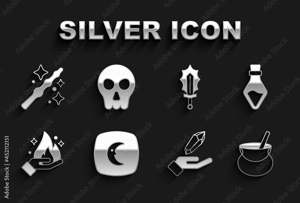 Set Moon and stars, Bottle with potion, Witch cauldron, Magic stone, Hand holding fire, sword, wand and Skull icon. Vector Set Moon and stars, Bottle with potion, Witch cauldron, Magic stone, Hand holding fire, sword, wand and Skull icon. Vector