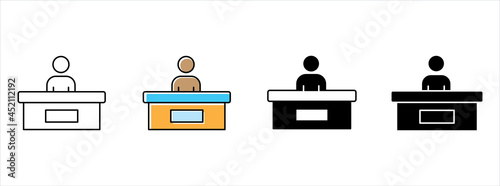 front office receptionist icon vector set. security desk checking illustration. people working behind desk icon illustration for website.