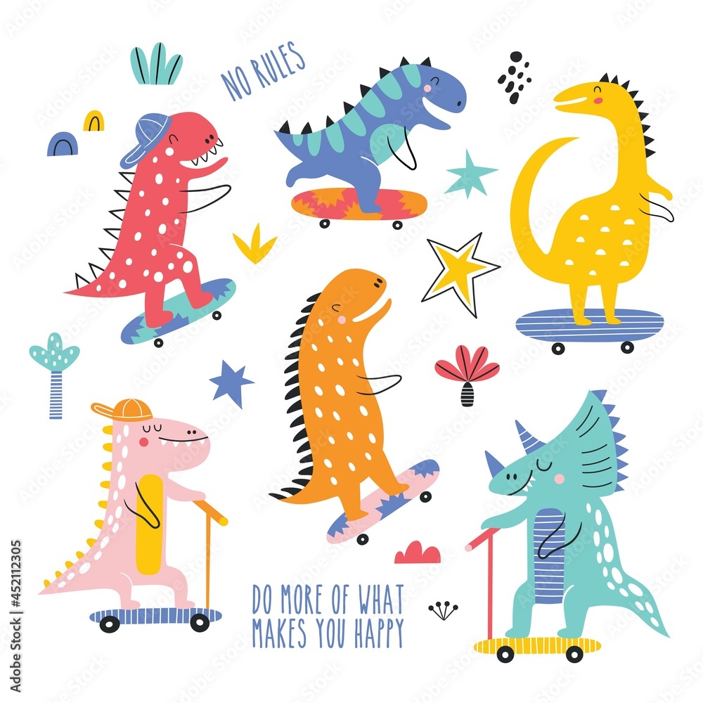 Plakat Cute funny kids skater dinosaurs vector set. Colorful dinosaurs vector background. Creative kids texture for fabric, wrapping, textile, wallpaper, apparel. Vector illustration