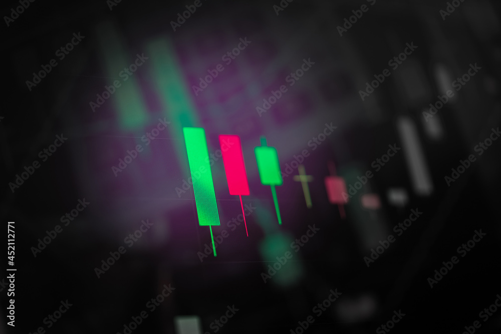 Fototapeta premium Stock market trend or Forex trading graph chart for financial planning as concept. Double exposure of digital number and price quote to do stock analysis with many indicators.
