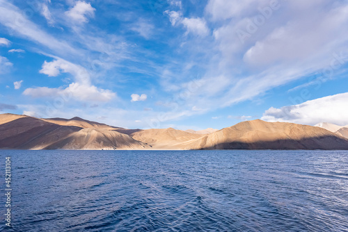 Pangong Tso, Tibetan for "high grassland lake", also referred to as Pangong Lake, is an endorheic lake in the Himalayas situated at a height of about 4,350 m. at Leh Ladakh, Jammu and Kashmir, India. 