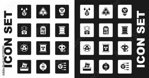 Set Radioactive, Dosimeter, warning lamp, Acid rain and radioactive cloud, waste barrel, Triangle with radiation, Gas mask and Biohazard symbol icon. Vector