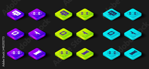 Set Longboard or skateboard, Knee pads, Skateboard wheel, and icon. Vector