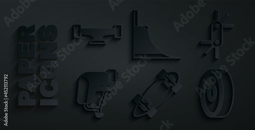 Set Longboard or skateboard, Tool allen keys, Skateboard helmet, ball bearing, park and wheel icon. Vector