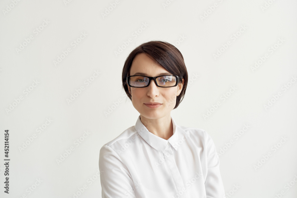 Business woman in shirt self-confidence professionals office Business woman in shirt self-confidence professionals office