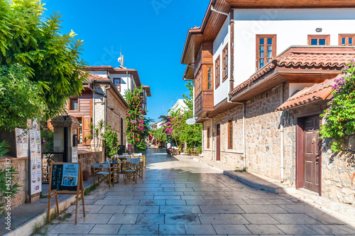 Houses in the Historical Distirict of Antalya (Kaleici), Turkey. Old town of Antalya is a popular destination among tourists.