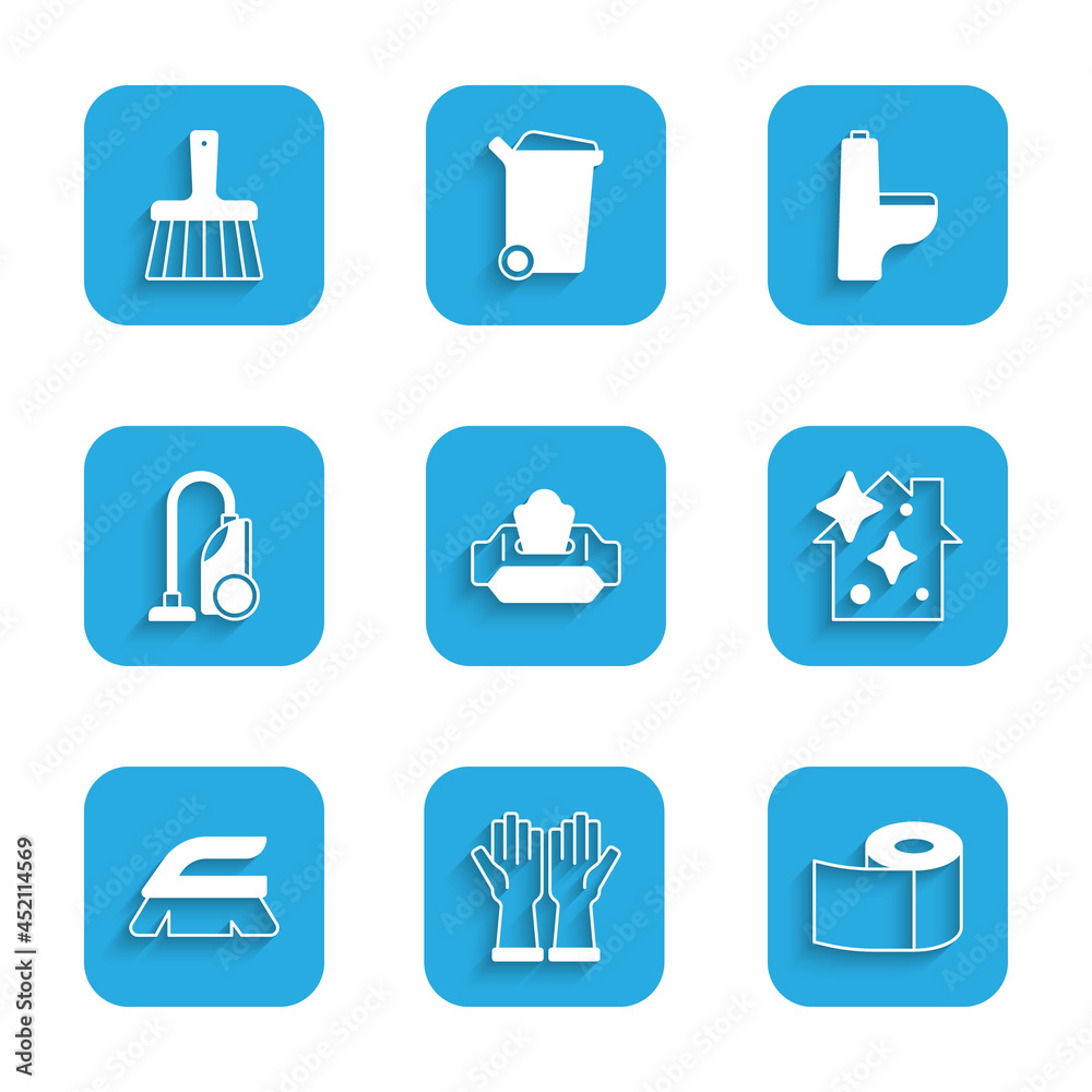 Set Wet wipe pack, Rubber gloves, Toilet paper roll, Home cleaning service, Brush for, Vacuum cleaner, bowl and Handle broom icon. Vector