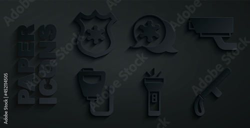 Set Flashlight, Security camera, Walkie talkie, Police rubber baton, Hexagram sheriff and badge icon. Vector
