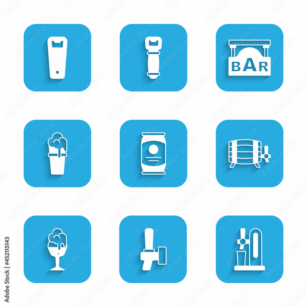 Set Beer can, tap, with glass, Wooden barrel, Glass of beer, Street signboard Bar and Bottle opener icon. Vector