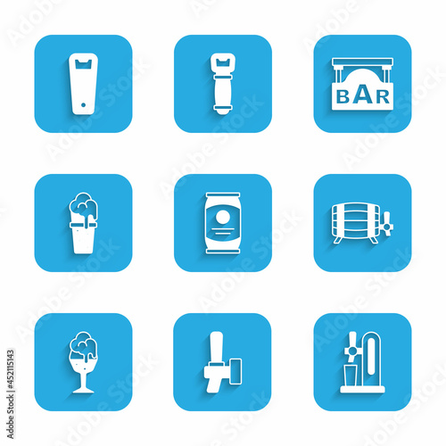 Set Beer can, tap, with glass, Wooden barrel, Glass of beer, Street signboard Bar and Bottle opener icon. Vector