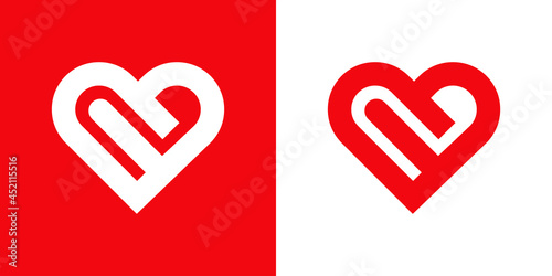 Día de San Valentín. Logotipo dos corazones unidos con lineas en fondo rojo y fondo blanco