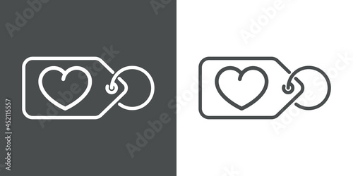 Día de San Valentín. Rebajas. Logotipo con silueta de corazón en etiqueta de precio con lineas en fondo gris y fondo blanco
