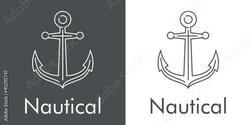 Logotipo con texto Nautical y silueta de ancla de barco con lineas en fondo gris y fondo blanco