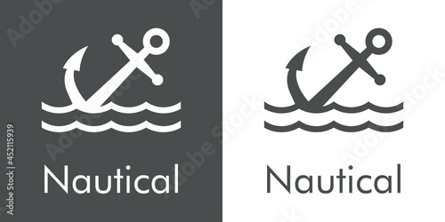 Logotipo con texto Nautical y silueta de ancla de barco con olas en fondo gris y fondo blanco