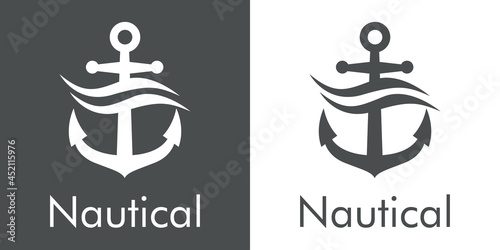 Logotipo con texto Nautical y silueta de ancla de barco con olas en fondo gris y fondo blanco