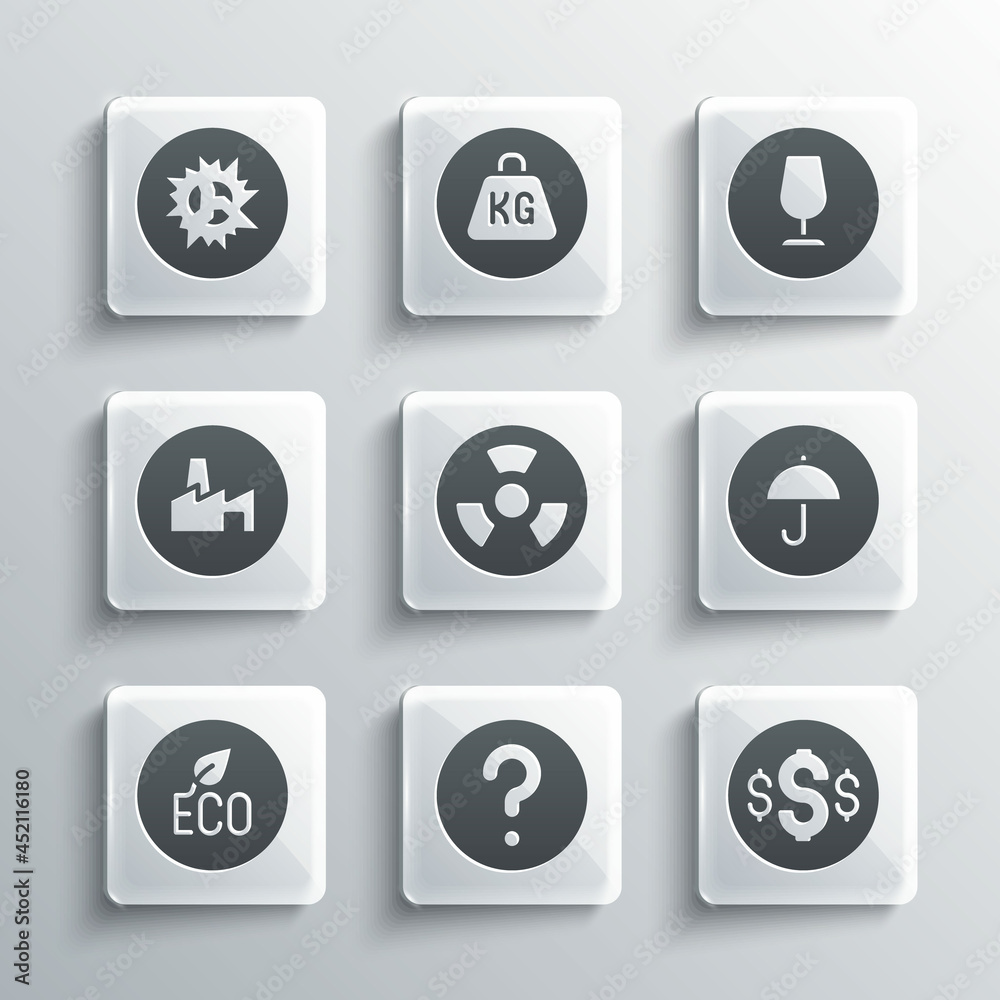 Set Unknown search, Dollar symbol, Delivery package with umbrella, Radioactive, Leaf Eco, Factory production, Bomb explosion and Fragile broken glass icon. Vector Set Unknown search, Dollar symbol, Delivery package with umbrella, Radioactive, Leaf Eco, Factory production, Bomb explosion and Fragile broken glass icon. Vector