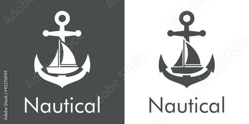 Logotipo con texto Nautical y barco de vela en ancla de barco en fondo gris y fondo banco