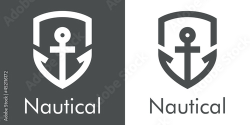 Logotipo con texto Nautical y ancla de barco con forma de escudo con lineas en fondo gris y fondo banco