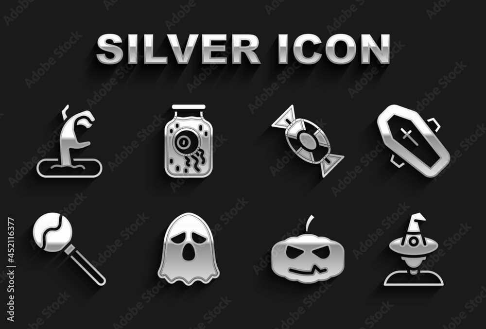 Set Ghost, Coffin with cross, Witch, Pumpkin, Lollipop, Candy, Zombie hand and Eye jar icon. Vector