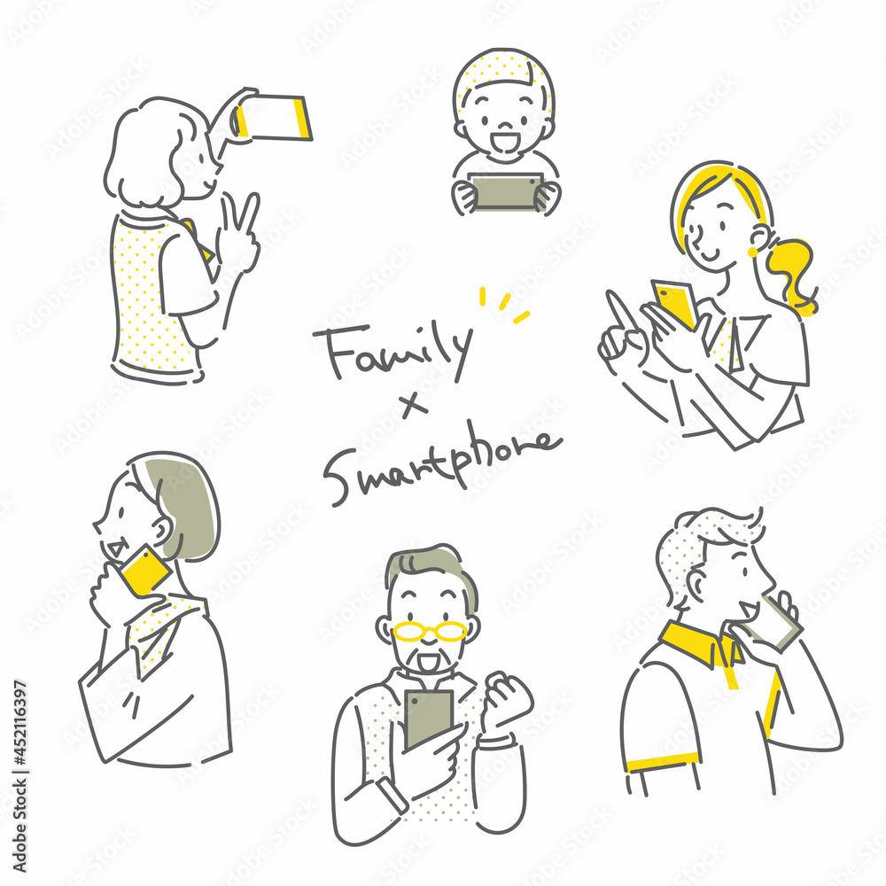 スマホライフを楽しむ家族セット　シンプルでお洒落な線画イラスト