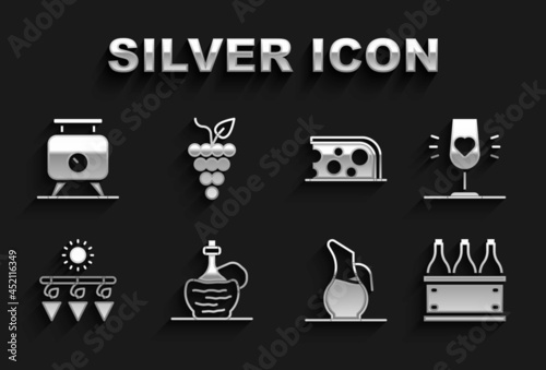 Set Wine in italian fiasco bottle, glass, Bottles of wine box, Decanter for, Drying grapes, Cheese, Fermentation and Bunch icon. Vector