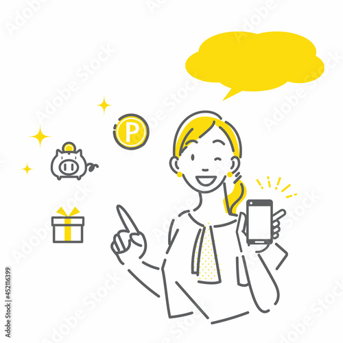 笑顔でスマホ画面を見せる若い女性　シンプルでお洒落な線画イラスト