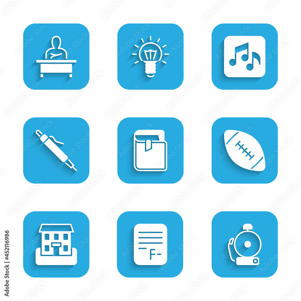 Set Book, Exam paper with incorrect answers, Ringing alarm bell, American football ball, School building, Pen, Music note, tone and Schoolboy sitting at desk icon. Vector Set Book, Exam paper with incorrect answers, Ringing alarm bell, American football ball, School building, Pen, Music note, tone and Schoolboy sitting at desk icon. Vector