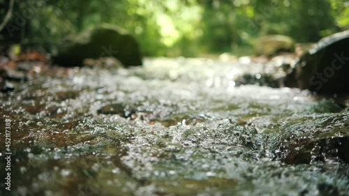 Wild mountain river flowing through stone boulders, Water clear stream river flowing in the deep forest, Slow motion photo