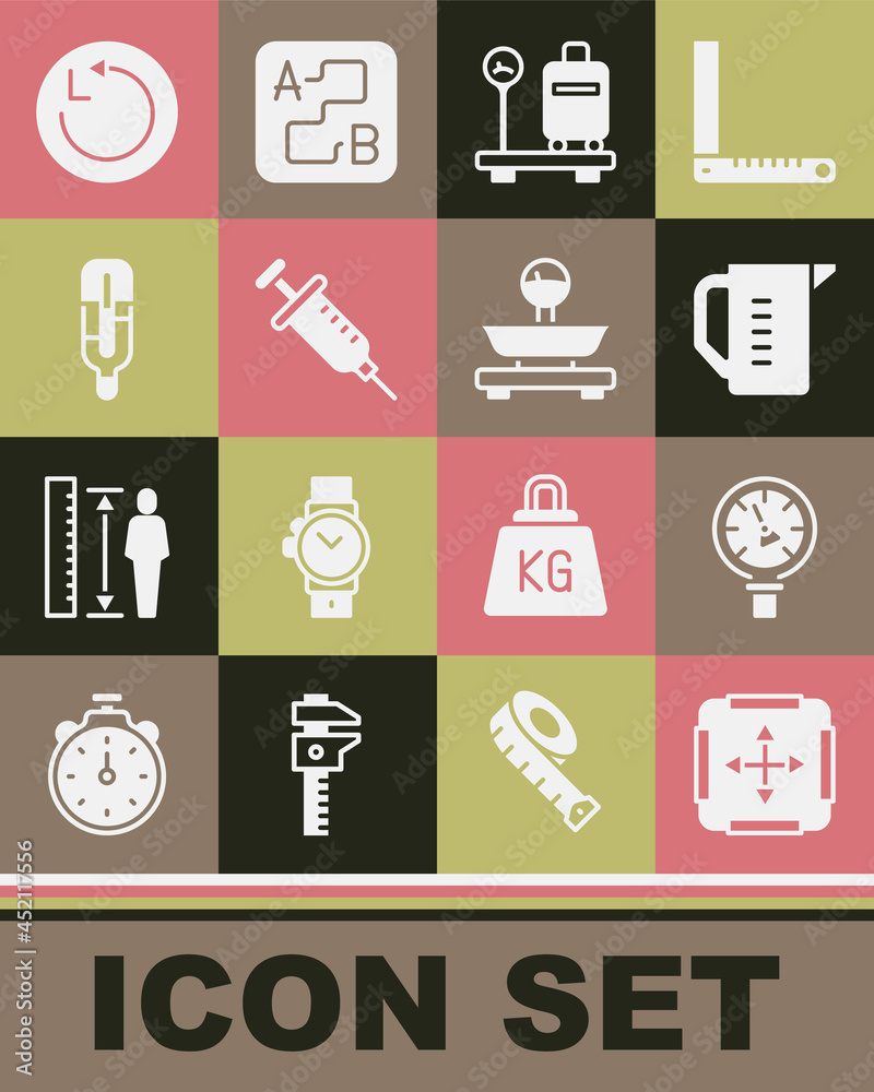 Set Area measurement, Pressure water meter, Measuring cup, Scale with suitcase, Syringe, Medical thermometer, Radius and Scales icon. Vector Set Area measurement, Pressure water meter, Measuring cup, Scale with suitcase, Syringe, Medical thermometer, Radius and Scales icon. Vector