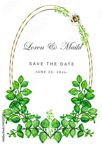 Wallpaper Mural Wedding invitation template with green watercolor eucalyptus leaves pink flowers  and gold frame on white background. A spring card, an invitation floral greenery card. Hand drawn illustration. Torontodigital.ca