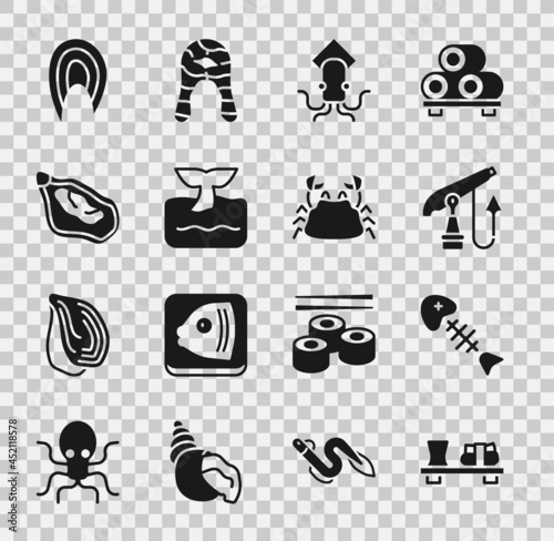 Set Sushi on cutting board, Fish skeleton, Fishing harpoon, Octopus, Whale tail ocean wave, Mussel, steak and Crab icon. Vector