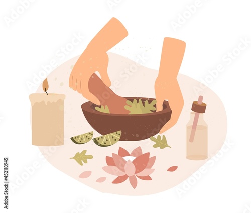Herbal Aroma Therapy concept. Women hands grind plants and make therapeutic ointment with pleasant aroma. Emotional relaxation and rest. Cartoon flat vector illustration isolated on white background