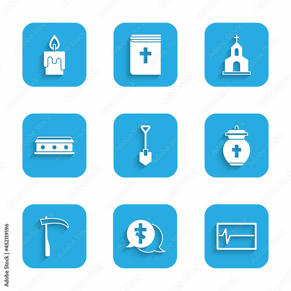 Set Shovel, Grave with cross, Beat dead in monitor, Funeral urn, Scythe, Coffin, Church building and Burning candle icon. Vector