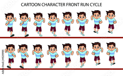 Cartoon Character Front run cycle frame by frame loopable vector file ready for 2D animation, easy to edit source file for motion graphics, infographics, animated video, explanatory, E-learning