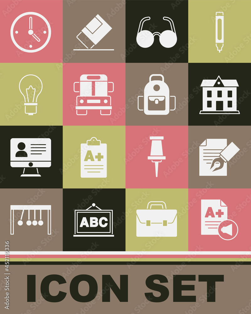 Set Exam sheet with A plus grade, and pencil, School building, Glasses, Bus, Light bulb idea, Clock and backpack icon. Vector Set Exam sheet with A plus grade, and pencil, School building, Glasses, Bus, Light bulb idea, Clock and backpack icon. Vector