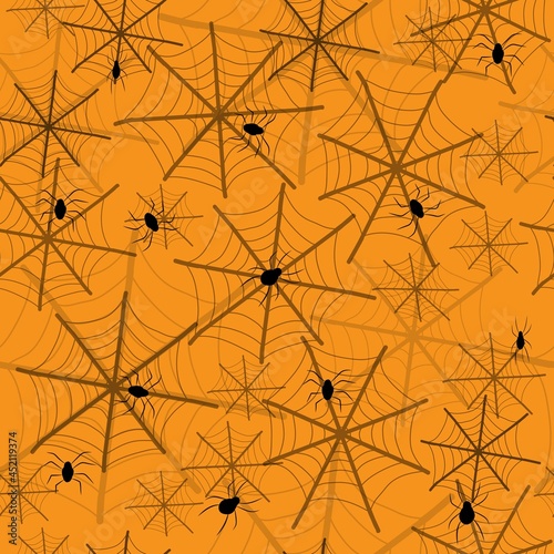 vector pattern spider web with spiders on orange background for halloween holiday, spooky scary pattern for print on fabric
