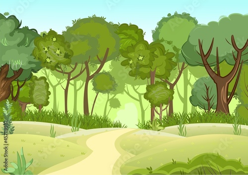 Forest road. Summer landscape. Dense foliage. View of green trees. Cartoon flat style. Light foggy thickets. Nature illustration. Trunks of trees. Vector