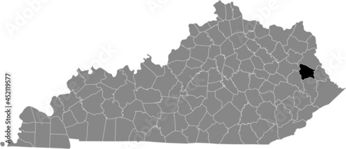 Black highlighted location map of the Johnson County inside gray map of the Federal State of Kentucky, USA