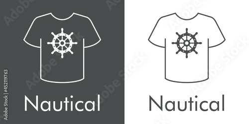 Logotipo con texto Nautical y silueta de timón en camiseta en fondo gris y fondo blanco
