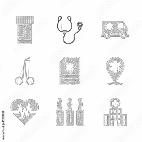 Set Clinical record, Medical vial, ampoule, hospital building, Location with cross, Heart rate, scissors, Emergency car and Medicine bottle and pills icon. Vector
