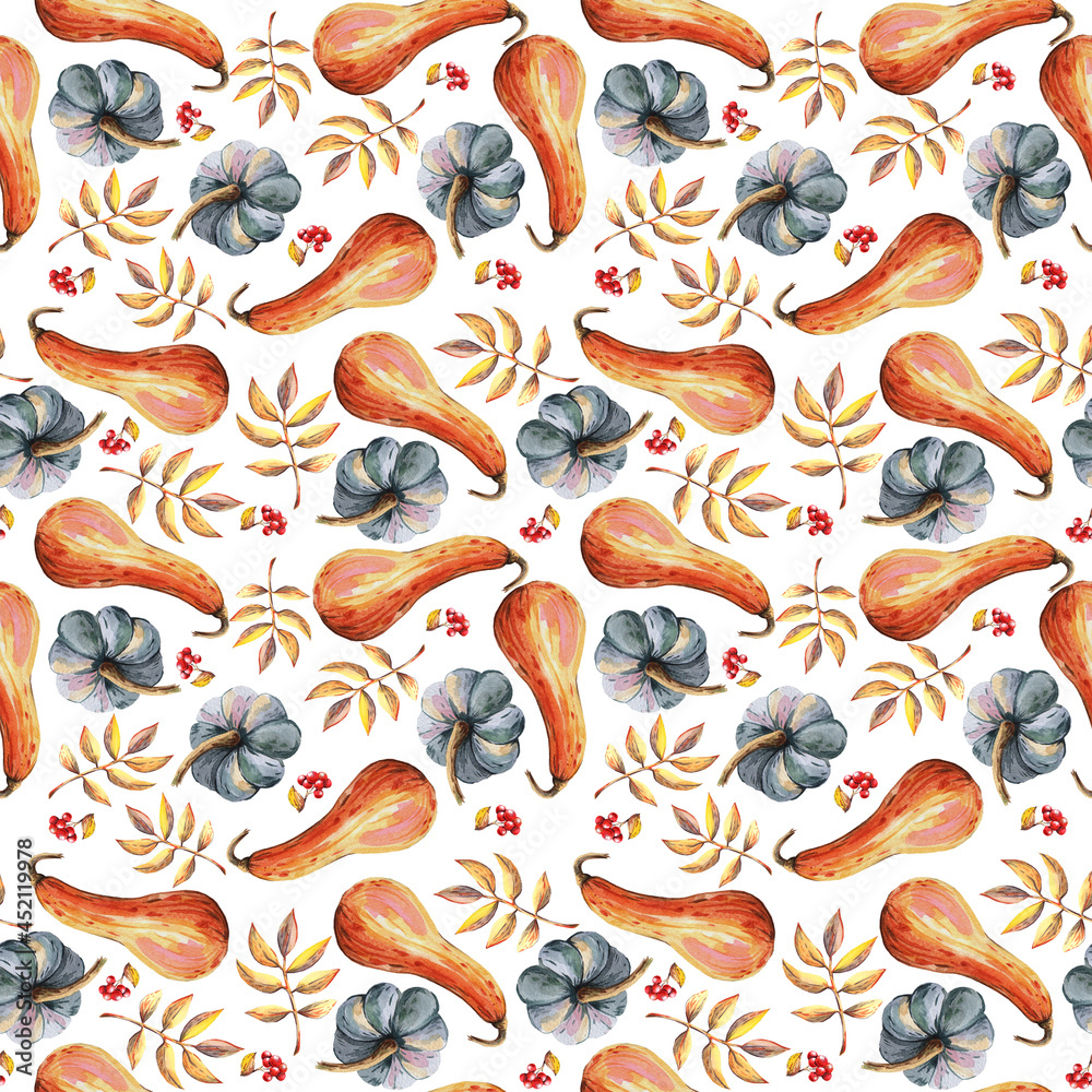 Watercolor fall seamless pattern. Pumpkins Watercolor fall seamless pattern. Pumpkins