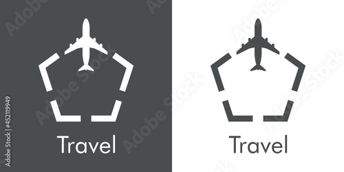 Logotipo con texto Travel y silueta de avión en pentágono con lineas en fondo gris y fondo blanco