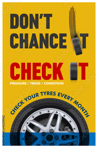 Tires car advertisement poster. Black rubber tyre check. Realistic vector shining disk car wheel tyre. Information. Store. Garage.