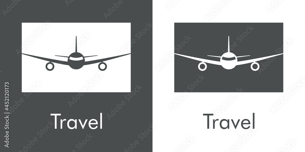 Logotipo con texto Travel y silueta de avión en cuadrado en fondo gris y fondo blanco Logotipo con texto Travel y silueta de avión en cuadrado en fondo gris y fondo blanco
