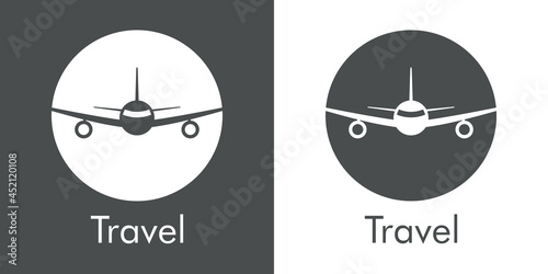 Logotipo con texto Travel y silueta de avión en círculo en fondo gris y fondo blanco