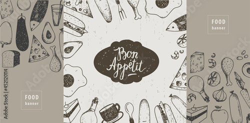 Vector food illustration. Templates design with hand drawn breakfast, dinner. Can be used for brochures, banner, restaurant menu, organic food store. Bon appetit lettering. Kitchen, cooking.